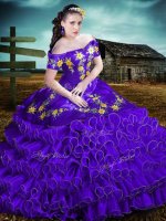 Purple Ball Gowns Organza Off The Shoulder Sleeveless Embroidery and Ruffles Floor Length Lace Up Vestidos de Quinceanera
