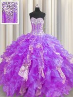 Attractive Visible Boning Organza and Sequined Sweetheart Sleeveless Lace Up Beading and Ruffles and Sequins Quinceanera Gown in Lavender