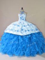 Customized Organza Halter Top Sleeveless Court Train Lace Up Embroidery and Ruffles Ball Gown Prom Dress in Blue