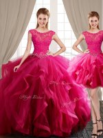 High Class Three Piece Hot Pink Lace Up Scoop Beading and Appliques and Ruffles Sweet 16 Dress Tulle Cap Sleeves Brush Train(SKU SJQDDT856001-1BIZ)