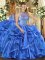 Best Halter Top Sleeveless Quinceanera Gown Beading and Embroidery and Ruffles Blue Organza