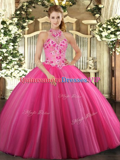 Sleeveless Tulle Floor Length Lace Up 15 Quinceanera Dress in Hot Pink with Embroidery - Click Image to Close