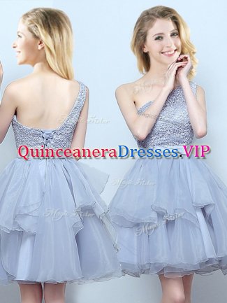 Romantic One Shoulder Mini Length Lace Up Quinceanera Court of Honor Dress Grey for Prom and Party and Wedding Party with Lace and Ruffles and Belt