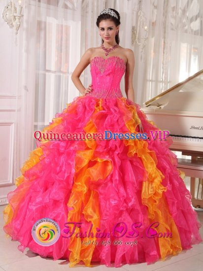 Kronoberg Sweden Organza Orange Red and Hot Pink Ruffles Beaded Decorate Sweetheart Quinceanera Dress For Sweet 16 - Click Image to Close