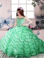 Lace Up Kids Pageant Dress Apple Green for Party and Wedding Party with Beading and Ruffled Layers Court Train(SKU PAG1196-3BIZ)