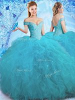 Beautiful Off the Shoulder Beading and Ruffles 15th Birthday Dress Teal Lace Up Sleeveless Floor Length