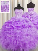 Luxurious Pick Ups Visible Boning Sweetheart Sleeveless Lace Up Vestidos de Quinceanera Lilac Organza