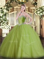 Deluxe Sweetheart Sleeveless Quinceanera Gown Brush Train Beading Olive Green Tulle(SKU SJQDDT1369002-1BIZ)