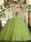 Deluxe Sweetheart Sleeveless Quinceanera Gown Brush Train Beading Olive Green Tulle