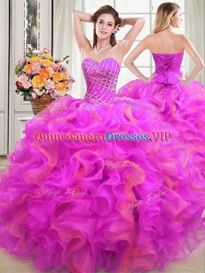 Hot Sale Multi-color Organza Lace Up Vestidos de Quinceanera Sleeveless Floor Length Beading and Ruffles - Click Image to Close