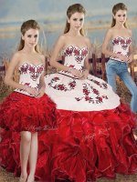 Floor Length Three Pieces Sleeveless White And Red Sweet 16 Dress Lace Up