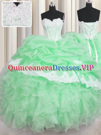 Green Sweetheart Neckline Beading and Appliques and Ruffles and Pick Ups 15th Birthday Dress Sleeveless Lace Up