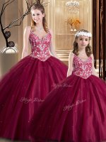 Wine Red Lace Up Quinceanera Dresses Lace Sleeveless Floor Length