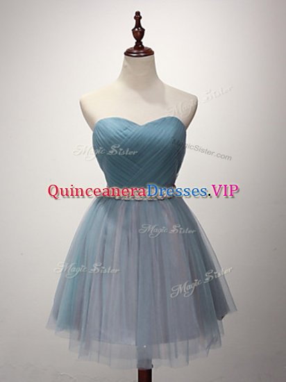 Dazzling Sweetheart Sleeveless Court Dresses for Sweet 16 Mini Length Beading and Ruching Light Blue Tulle - Click Image to Close