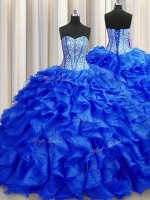 Clearance Visible Boning Royal Blue Organza Lace Up Sweetheart Sleeveless Quinceanera Gown Brush Train Beading and Ruffles(SKU PSSW0419-3BIZ)