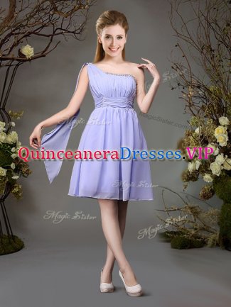 One Shoulder Lavender Sleeveless Chiffon Zipper Quinceanera Court Dresses for Prom and Party and Wedding Party