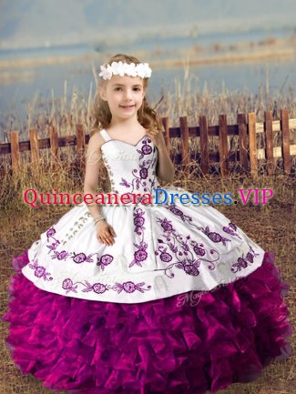 Sleeveless Floor Length Embroidery and Ruffles Lace Up Little Girl Pageant Dress with Fuchsia