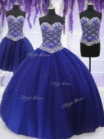 Three Piece Tulle Sleeveless Floor Length Quince Ball Gowns and Beading