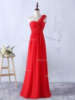 Lovely Red Empire One Shoulder Sleeveless Chiffon Floor Length Lace Up Hand Made Flower Quinceanera Dama Dress