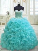 Artistic Organza Sweetheart Sleeveless Sweep Train Lace Up Beading and Ruffles Quinceanera Dress in Aqua Blue