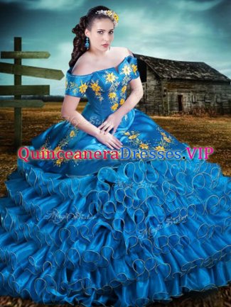 Fine Blue Off The Shoulder Neckline Embroidery and Ruffles Quinceanera Dress Sleeveless Lace Up