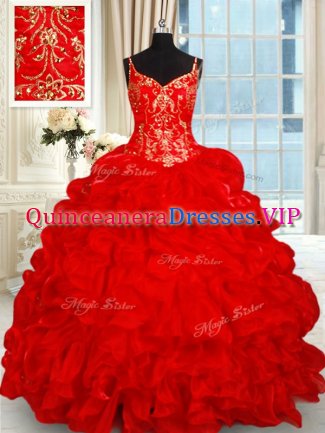 Pick Ups Spaghetti Straps Sleeveless Brush Train Lace Up Quinceanera Dresses Red Organza