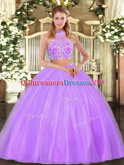 Lilac Tulle Criss Cross Halter Top Sleeveless Floor Length Sweet 16 Dresses Beading - Click Image to Close