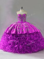 Beauteous Sleeveless Beading and Embroidery and Ruffles Lace Up 15 Quinceanera Dress with Fuchsia Brush Train