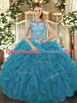 Teal Cap Sleeves Floor Length Beading and Ruffles Lace Up Sweet 16 Dress