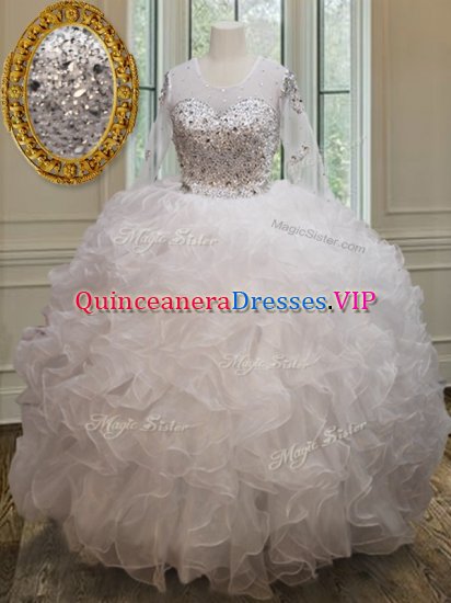 Scoop See Through White Long Sleeves Organza Lace Up Quince Ball Gowns for Military Ball and Sweet 16 and Quinceanera - Click Image to Close