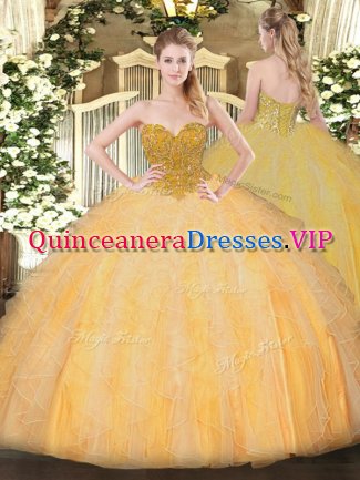Dynamic Sweetheart Sleeveless Sweet 16 Dress Floor Length Beading and Ruffles Orange Organza