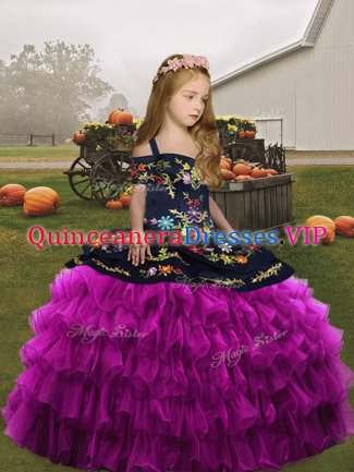 Classical Fuchsia Organza Lace Up Straps Sleeveless Floor Length Child Pageant Dress Embroidery and Ruffled Layers