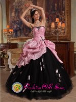 Hand Made Flowers New Arrival Rose Pink and Black Sweet 16 Dress Sweetheart Tulle and Taffeta Stylish Ball Gown