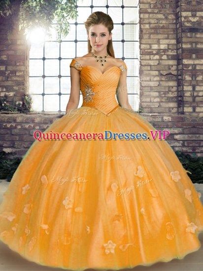 Sleeveless Floor Length Beading and Appliques Lace Up 15 Quinceanera Dress with Orange - Click Image to Close