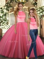 Coral Red Tulle Backless Halter Top Sleeveless Floor Length 15th Birthday Dress Beading(SKU SJQDDT1689009BIZ)