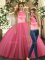 Coral Red Tulle Backless Halter Top Sleeveless Floor Length 15th Birthday Dress Beading