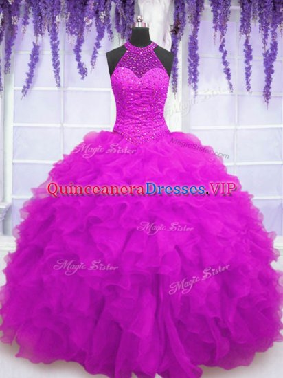 Noble Fuchsia Lace Up High-neck Beading and Ruffles Quinceanera Gown Organza Sleeveless - Click Image to Close
