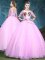 Luxury Scoop Half Sleeves Floor Length Lace Up Quinceanera Gown Baby Pink for Military Ball and Sweet 16 and Quinceanera with Appliques
