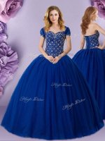 Designer Royal Blue Ball Gowns Beading Sweet 16 Quinceanera Dress Lace Up Tulle Sleeveless Floor Length