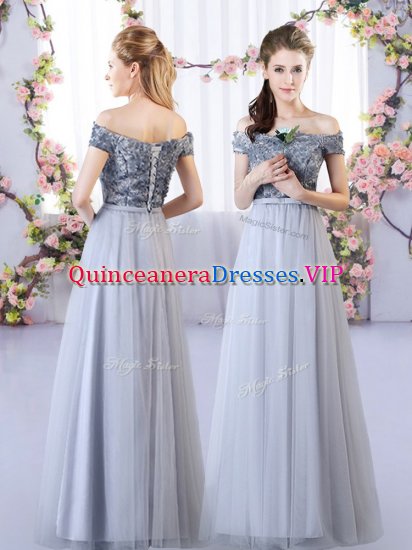Flirting Grey Lace Up Off The Shoulder Appliques Quinceanera Court Dresses Tulle Sleeveless - Click Image to Close