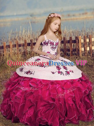 Sleeveless Floor Length Embroidery and Ruffles Lace Up Pageant Gowns For Girls with Hot Pink