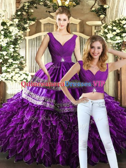 Artistic Sleeveless Floor Length Beading and Embroidery and Ruffles Backless 15 Quinceanera Dress with Purple - Click Image to Close