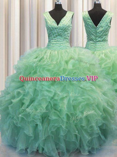 Dynamic V Neck Zipper Up Green Sleeveless Beading and Ruffles Floor Length Ball Gown Prom Dress - Click Image to Close