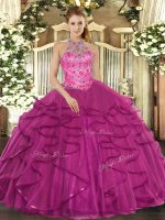 Luxurious Sleeveless Floor Length Beading and Ruffles Lace Up Quinceanera Dress with Fuchsia