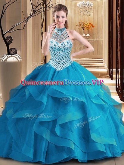 Best Blue Halter Top Neckline Beading and Ruffles Ball Gown Prom Dress Sleeveless Lace Up - Click Image to Close