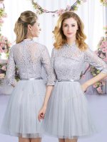 Fancy Tulle Half Sleeves Mini Length Dama Dress and Lace and Belt