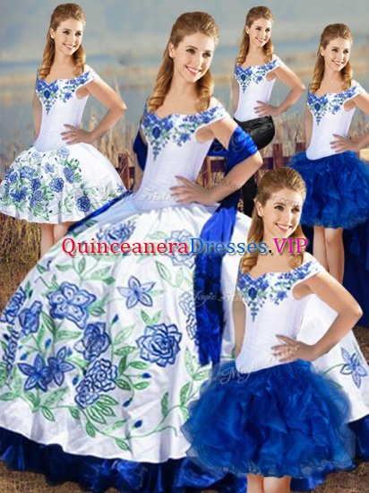 Blue And White Sleeveless Satin and Organza Lace Up Quinceanera Gown for Sweet 16 and Quinceanera - Click Image to Close