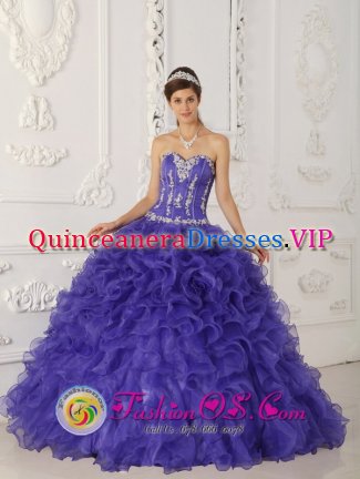 Rufflers and Appliques Decorate Sweetheart Bodice For Marana Arizona Quinceanera Dress With Purple