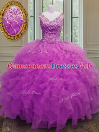 New Style Sleeveless Floor Length Beading and Ruffles Zipper Ball Gown Prom Dress with Fuchsia