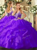 Clearance Purple Ball Gowns Tulle Straps Sleeveless Beading and Ruffles Floor Length Lace Up Quince Ball Gowns(SKU SJQDDT1393002BIZ)